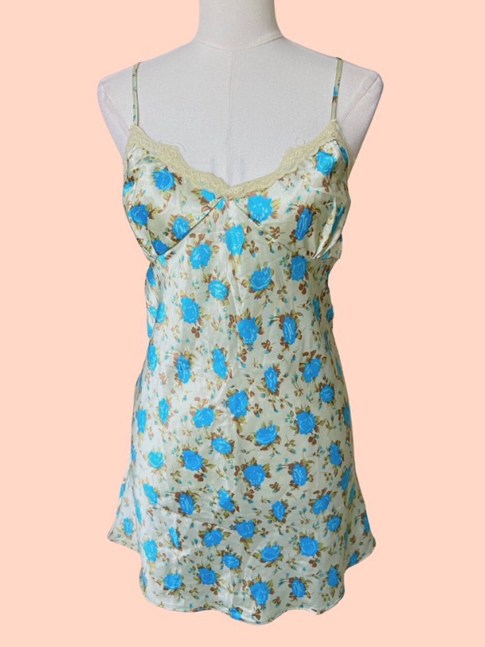 Vintage Jolie Intimate Blue Floral Satin Slip Dress